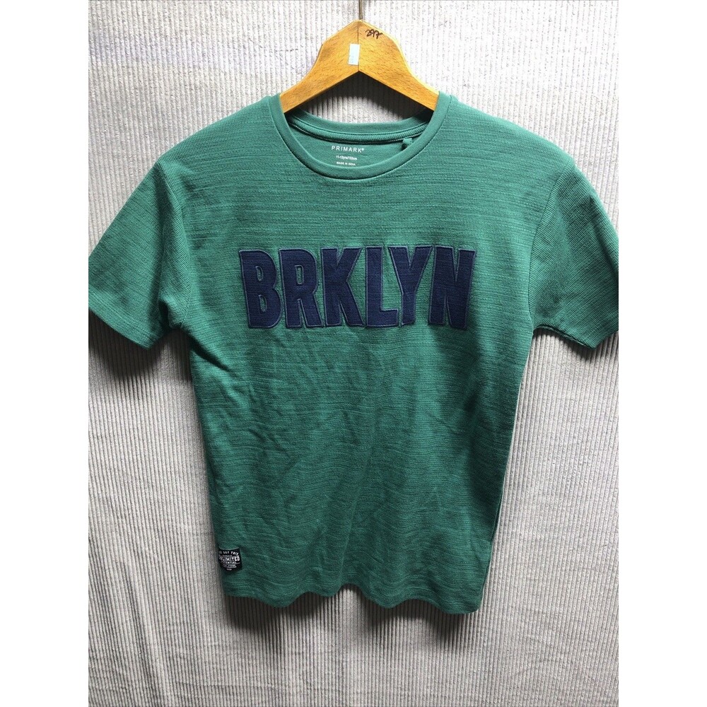 Primark Kids Tee Shirt Size 11-12 Years Green BRKLYN Embroidered Short Sleeve